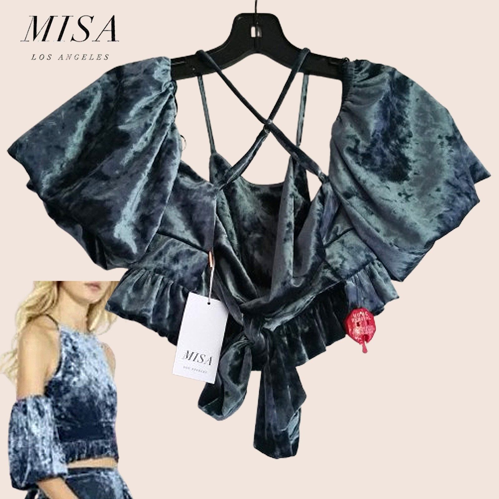 Misa La Nwt Teal Crushed Velvet Halter Ruffle Balloon Crop Top S Dopamine Glam